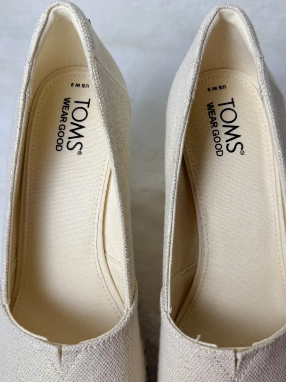 TOMS Cream Canvas Metallic Glint  Wedge Alpargata Espadrilles